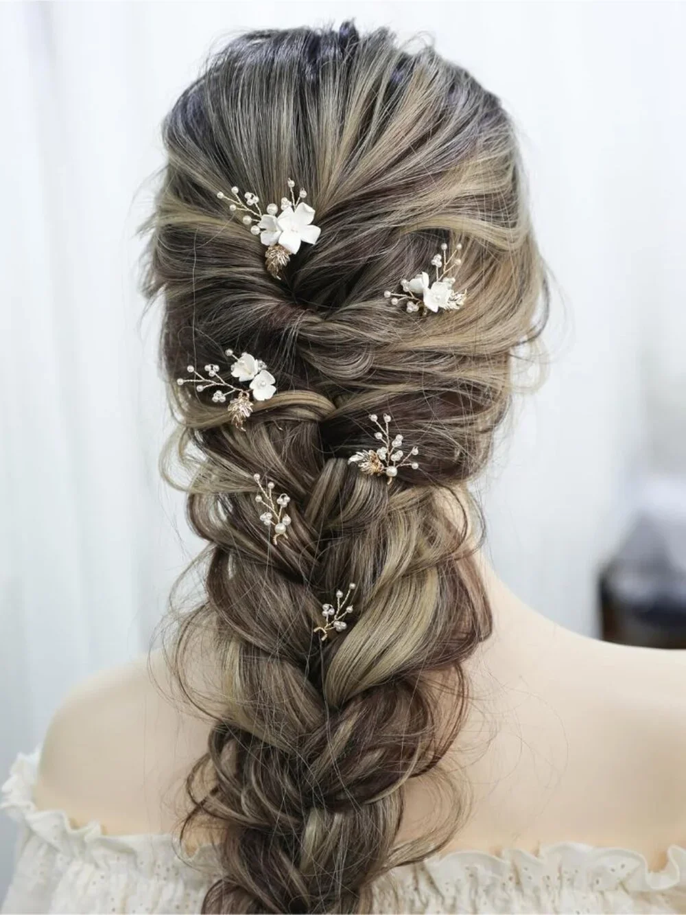 Women's Gold 6 Pieces Handmade Gold Leaf Pearls Flower Bridal Hair Bridesmaid